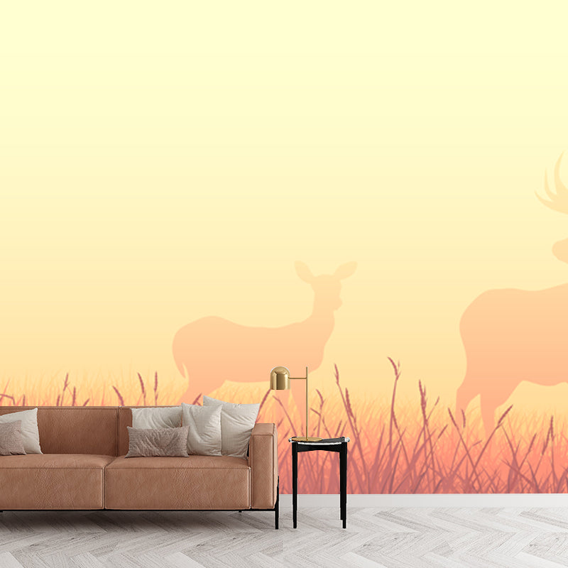 Deers in Foggy Meadow Mural Wallpaper Beige Nordic Wall Art for Living Room, Size Optional Clearhalo 'Wall Decor' 'Wall Mural' 1508731