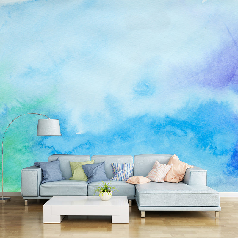 Blue Watercolor Mural Wallpaper Moisture Resistant Modern Bedroom Wall Art, Custom Size Blue Clearhalo 'Wall Decor' 'Wall Mural' 1508740
