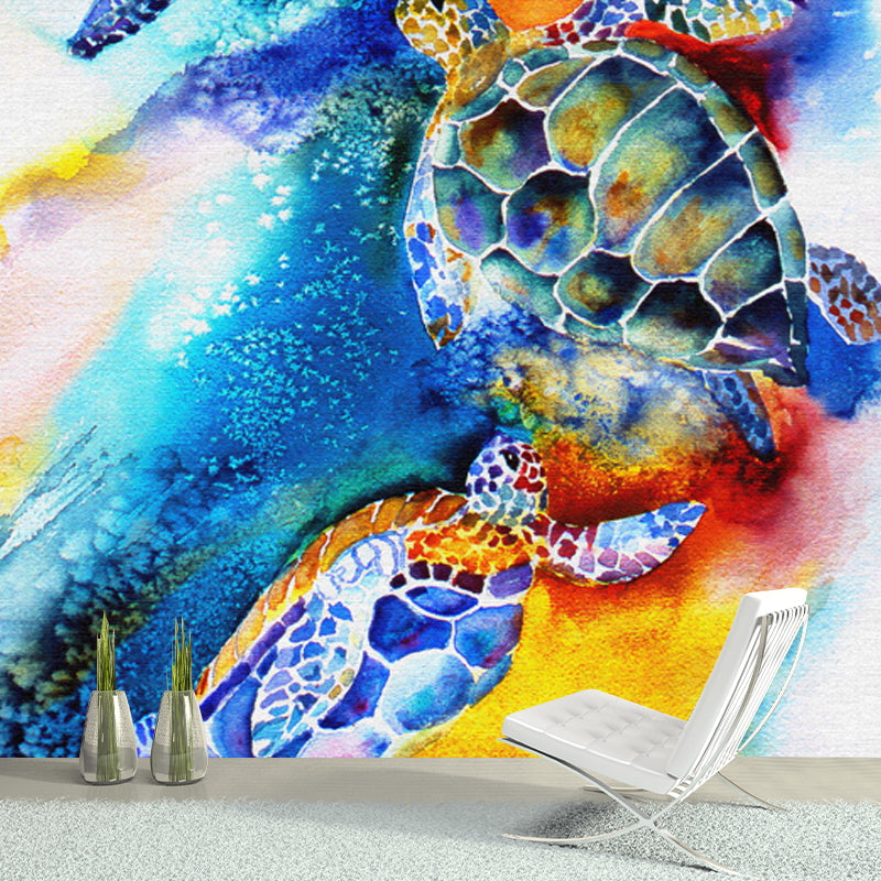 Abstract Drawing Turtle Mural Blue Water Resistant Wall Decoration for Living Room Blue Clearhalo 'Wall Decor' 'Wall Mural' 1508820