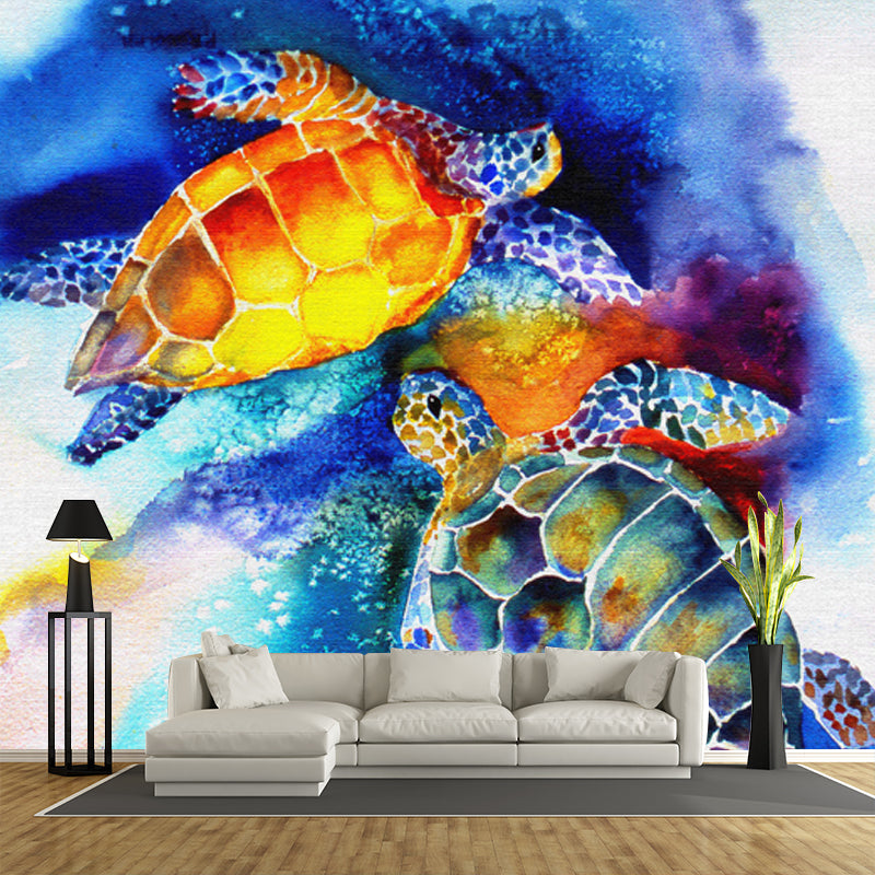 Abstract Drawing Turtle Mural Blue Water Resistant Wall Decoration for Living Room Clearhalo 'Wall Decor' 'Wall Mural' 1508821