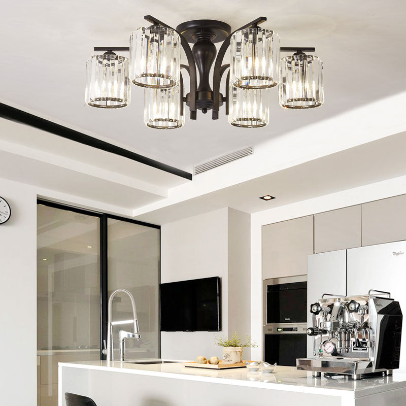 Cylinder Semi Flush Mount Light with Crystal Shade Nordic Metal 6/8/10 Lights Black Ceiling Mounted Fixture 6 Black Clearhalo 'Ceiling Lights' 'Close To Ceiling Lights' 'Close to ceiling' 'Semi-flushmount' Lighting' 150883