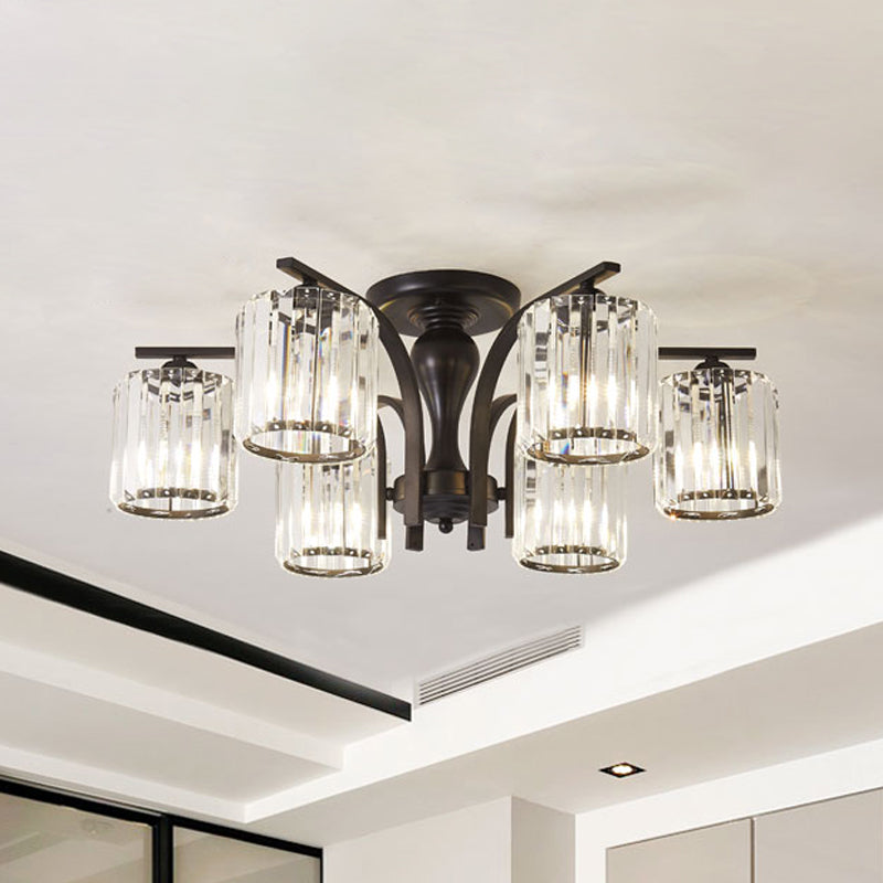 Cylinder Semi Flush Mount Light with Crystal Shade Nordic Metal 6/8/10 Lights Black Ceiling Mounted Fixture Clearhalo 'Ceiling Lights' 'Close To Ceiling Lights' 'Close to ceiling' 'Semi-flushmount' Lighting' 150884