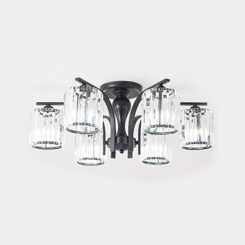 Cylinder Semi Flush Mount Light with Crystal Shade Nordic Metal 6/8/10 Lights Black Ceiling Mounted Fixture Clearhalo 'Ceiling Lights' 'Close To Ceiling Lights' 'Close to ceiling' 'Semi-flushmount' Lighting' 150885