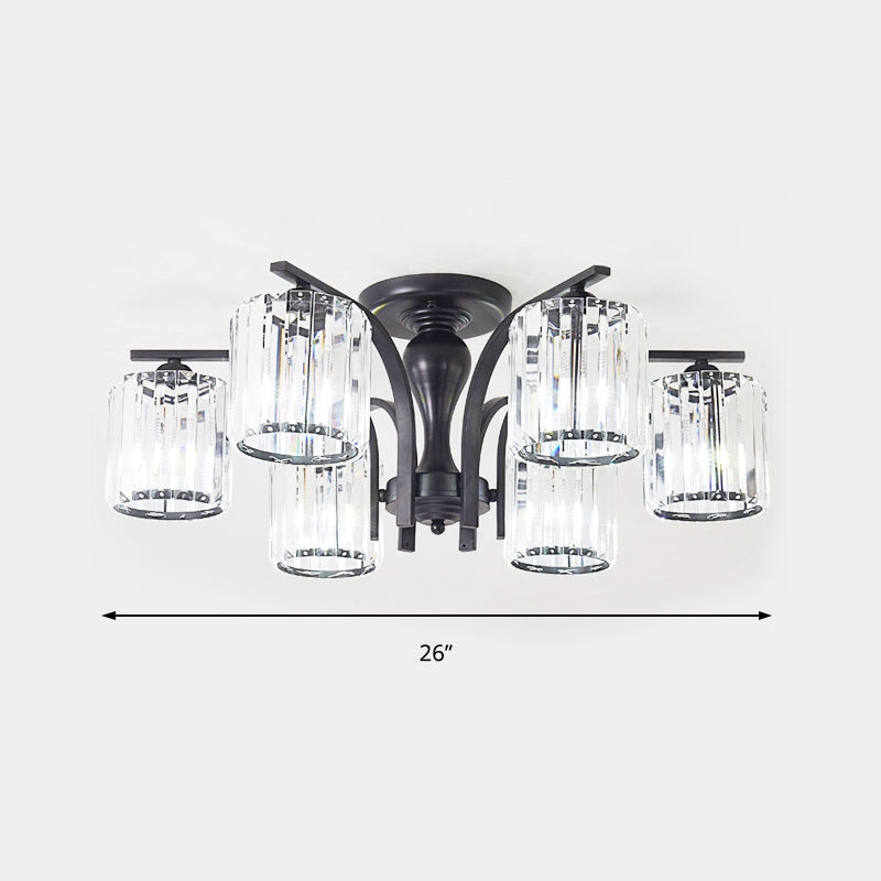 Cylinder Semi Flush Mount Light with Crystal Shade Nordic Metal 6/8/10 Lights Black Ceiling Mounted Fixture Clearhalo 'Ceiling Lights' 'Close To Ceiling Lights' 'Close to ceiling' 'Semi-flushmount' Lighting' 150886