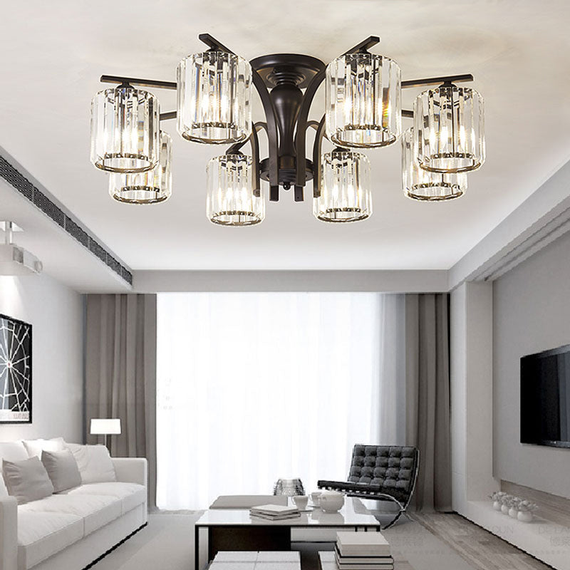 Cylinder Semi Flush Mount Light with Crystal Shade Nordic Metal 6/8/10 Lights Black Ceiling Mounted Fixture Clearhalo 'Ceiling Lights' 'Close To Ceiling Lights' 'Close to ceiling' 'Semi-flushmount' Lighting' 150888