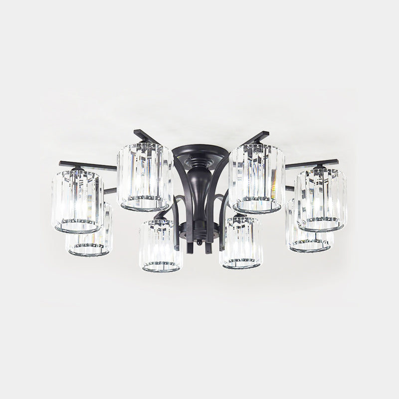 Cylinder Semi Flush Mount Light with Crystal Shade Nordic Metal 6/8/10 Lights Black Ceiling Mounted Fixture Clearhalo 'Ceiling Lights' 'Close To Ceiling Lights' 'Close to ceiling' 'Semi-flushmount' Lighting' 150889