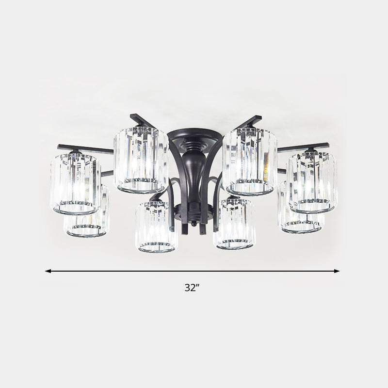 Cylinder Semi Flush Mount Light with Crystal Shade Nordic Metal 6/8/10 Lights Black Ceiling Mounted Fixture Clearhalo 'Ceiling Lights' 'Close To Ceiling Lights' 'Close to ceiling' 'Semi-flushmount' Lighting' 150890