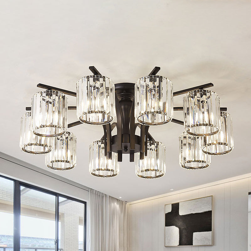 Cylinder Semi Flush Mount Light with Crystal Shade Nordic Metal 6/8/10 Lights Black Ceiling Mounted Fixture 10 Black Clearhalo 'Ceiling Lights' 'Close To Ceiling Lights' 'Close to ceiling' 'Semi-flushmount' Lighting' 150891