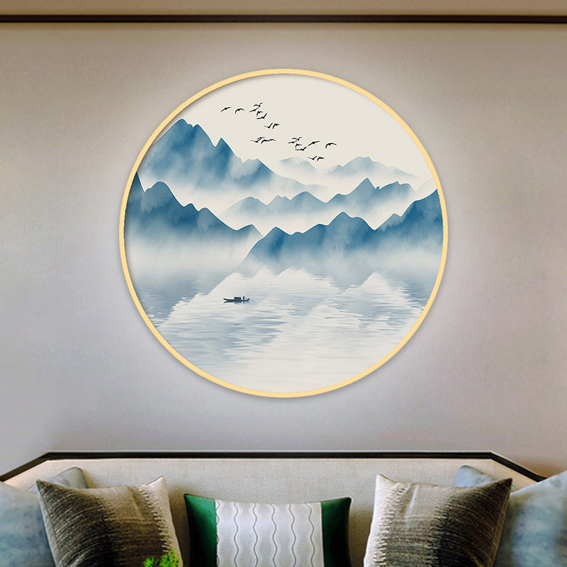 Round Acrylic Wall Sconce Light Asian Grey/Blue Mountain River LED Mural Lighting in Warm/White Light Blue Clearhalo 'Wall Lamps & Sconces' 'Wall Lights' Lighting' 1508915