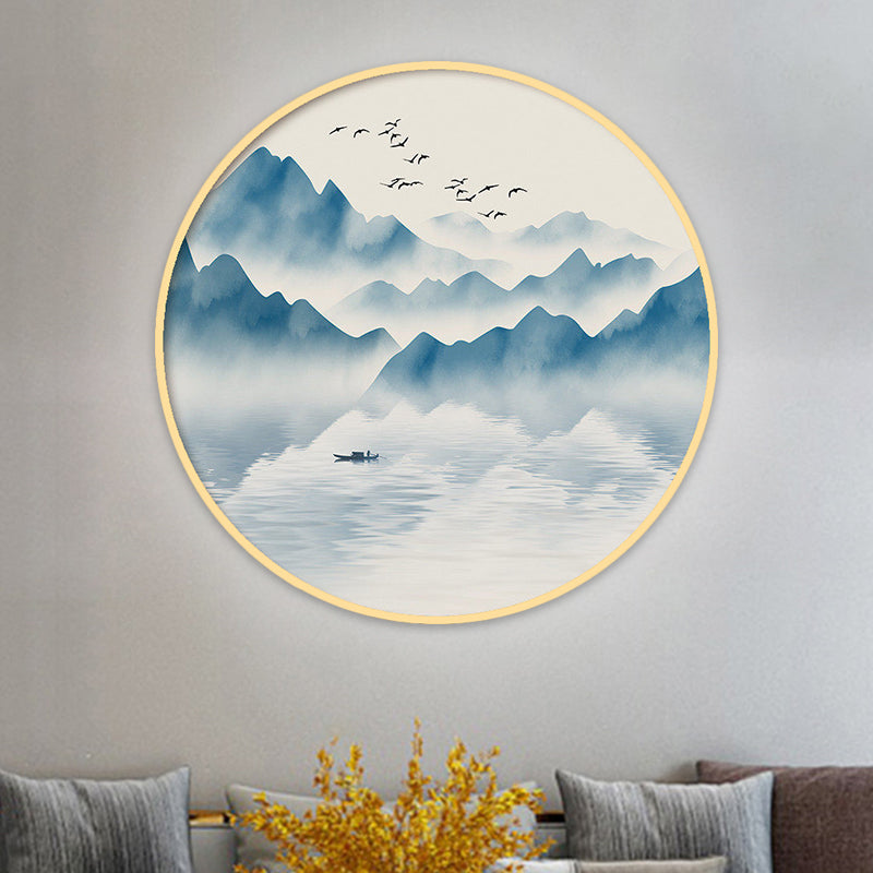 Round Acrylic Wall Sconce Light Asian Grey/Blue Mountain River LED Mural Lighting in Warm/White Light Clearhalo 'Wall Lamps & Sconces' 'Wall Lights' Lighting' 1508916