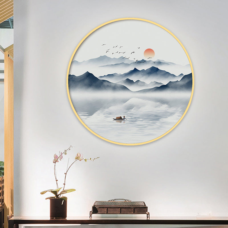 Round Acrylic Wall Sconce Light Asian Grey/Blue Mountain River LED Mural Lighting in Warm/White Light Grey Clearhalo 'Wall Lamps & Sconces' 'Wall Lights' Lighting' 1508919