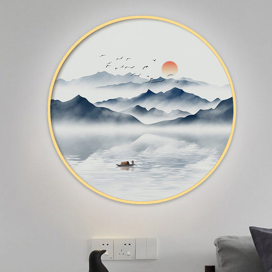 Round Acrylic Wall Sconce Light Asian Grey/Blue Mountain River LED Mural Lighting in Warm/White Light Clearhalo 'Wall Lamps & Sconces' 'Wall Lights' Lighting' 1508920