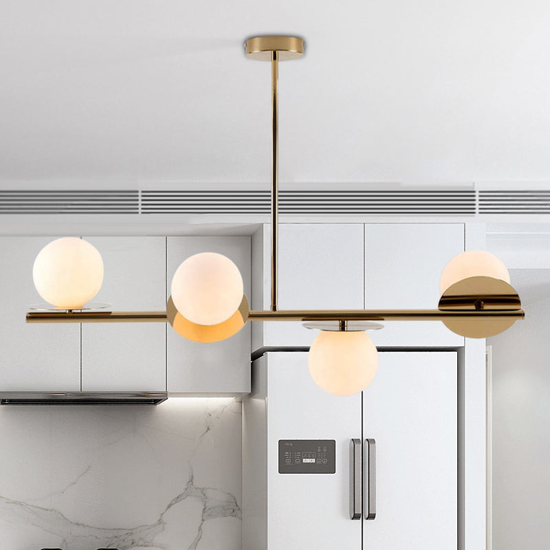 4-Light Ball Island Pendant Contemporary Matte White Glass Ceiling Light in White/Black with Adjustable Rod Gold Clearhalo 'Ceiling Lights' 'Chandeliers' 'Glass shade' 'Glass' 'Island Lights' Lighting' 150899