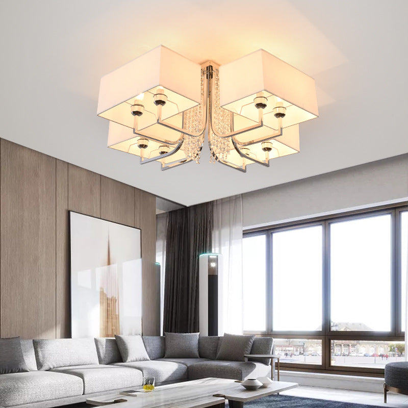 Cubic Fabric Shade Semi Flush Ceiling Light with Crystal Drop Contemporary White Bedroom Ceiling Light Fixture, 23.5"/31.5" Wide White Clearhalo 'Ceiling Lights' 'Close To Ceiling Lights' 'Close to ceiling' 'Semi-flushmount' Lighting' 150910