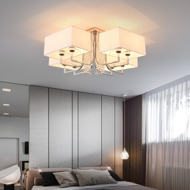 Cubic Fabric Shade Semi Flush Ceiling Light with Crystal Drop Contemporary White Bedroom Ceiling Light Fixture, 23.5"/31.5" Wide Clearhalo 'Ceiling Lights' 'Close To Ceiling Lights' 'Close to ceiling' 'Semi-flushmount' Lighting' 150911