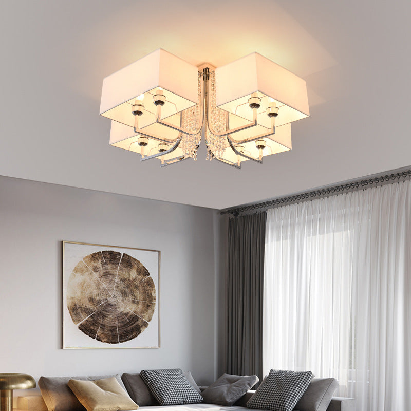 Cubic Fabric Shade Semi Flush Ceiling Light with Crystal Drop Contemporary White Bedroom Ceiling Light Fixture, 23.5"/31.5" Wide Clearhalo 'Ceiling Lights' 'Close To Ceiling Lights' 'Close to ceiling' 'Semi-flushmount' Lighting' 150912