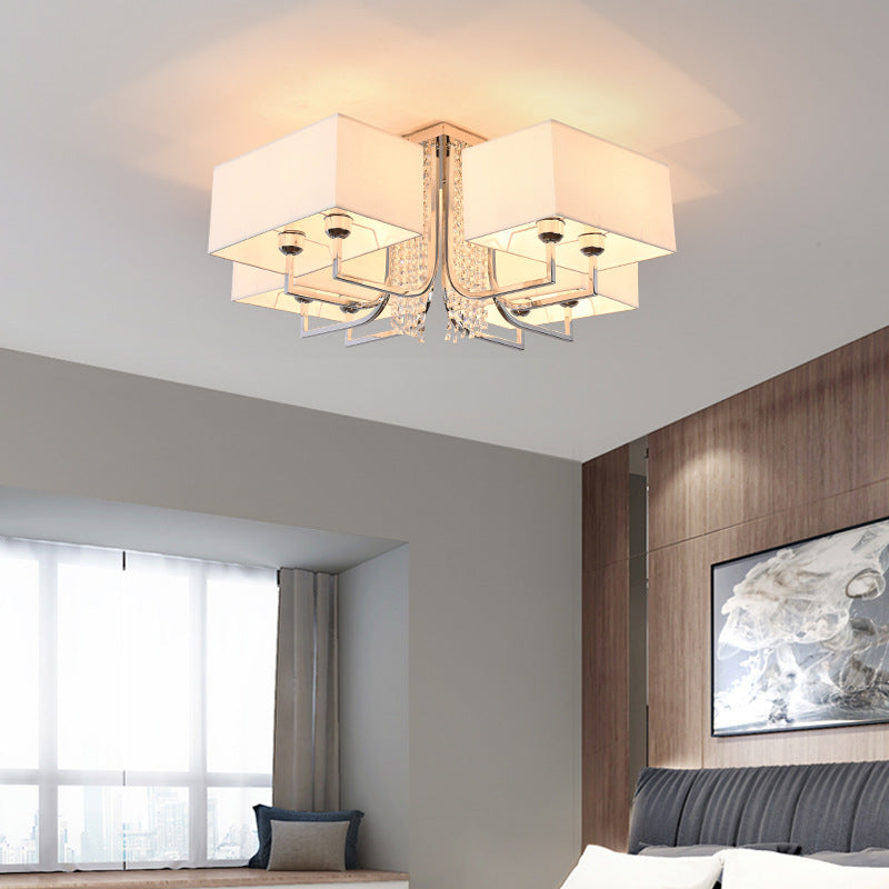 Cubic Fabric Shade Semi Flush Ceiling Light with Crystal Drop Contemporary White Bedroom Ceiling Light Fixture, 23.5"/31.5" Wide Clearhalo 'Ceiling Lights' 'Close To Ceiling Lights' 'Close to ceiling' 'Semi-flushmount' Lighting' 150913