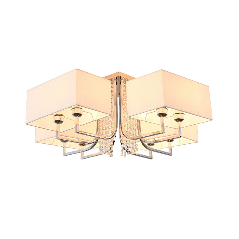 Cubic Fabric Shade Semi Flush Ceiling Light with Crystal Drop Contemporary White Bedroom Ceiling Light Fixture, 23.5"/31.5" Wide Clearhalo 'Ceiling Lights' 'Close To Ceiling Lights' 'Close to ceiling' 'Semi-flushmount' Lighting' 150914