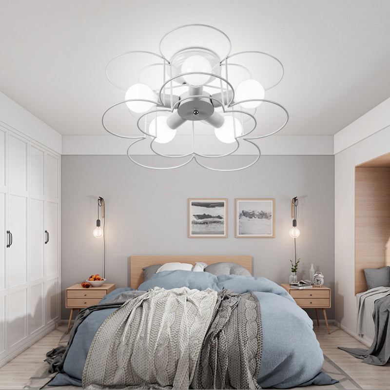 Black/White Iron Frame Semi Flush Mount Lighting Modern Metal 5 Lights Bedroom Ceiling Mount Chandelier White Clearhalo 'Ceiling Lights' 'Close To Ceiling Lights' 'Close to ceiling' 'Semi-flushmount' Lighting' 150921