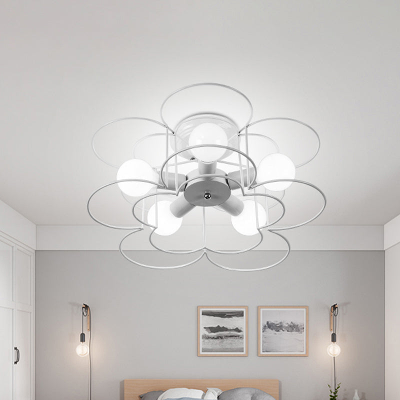 Black/White Iron Frame Semi Flush Mount Lighting Modern Metal 5 Lights Bedroom Ceiling Mount Chandelier Clearhalo 'Ceiling Lights' 'Close To Ceiling Lights' 'Close to ceiling' 'Semi-flushmount' Lighting' 150922