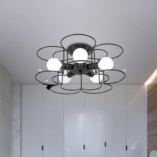 Black/White Iron Frame Semi Flush Mount Lighting Modern Metal 5 Lights Bedroom Ceiling Mount Chandelier Black Clearhalo 'Ceiling Lights' 'Close To Ceiling Lights' 'Close to ceiling' 'Semi-flushmount' Lighting' 150924