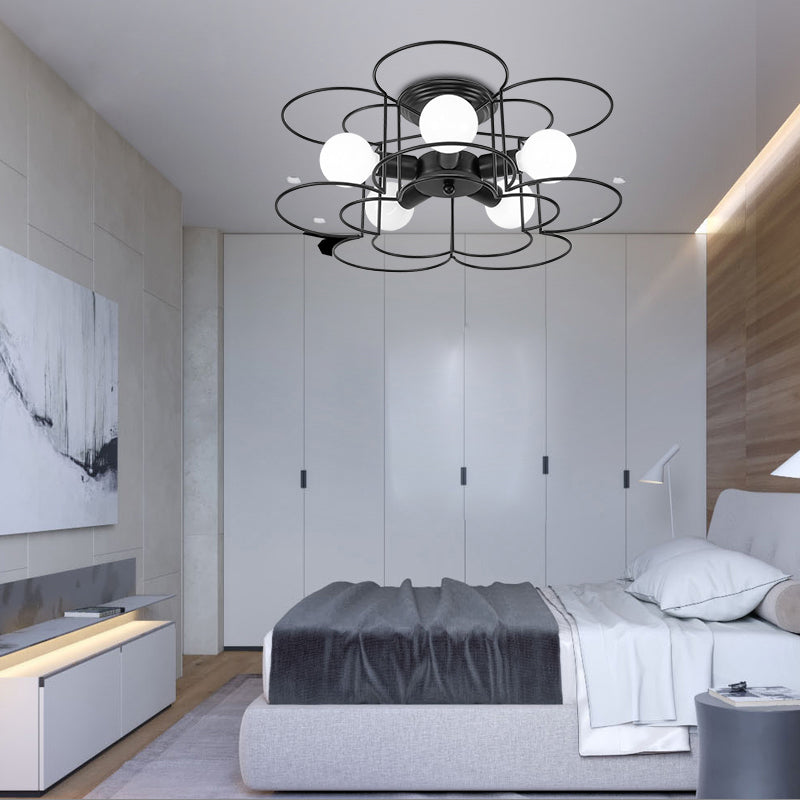 Black/White Iron Frame Semi Flush Mount Lighting Modern Metal 5 Lights Bedroom Ceiling Mount Chandelier Clearhalo 'Ceiling Lights' 'Close To Ceiling Lights' 'Close to ceiling' 'Semi-flushmount' Lighting' 150925