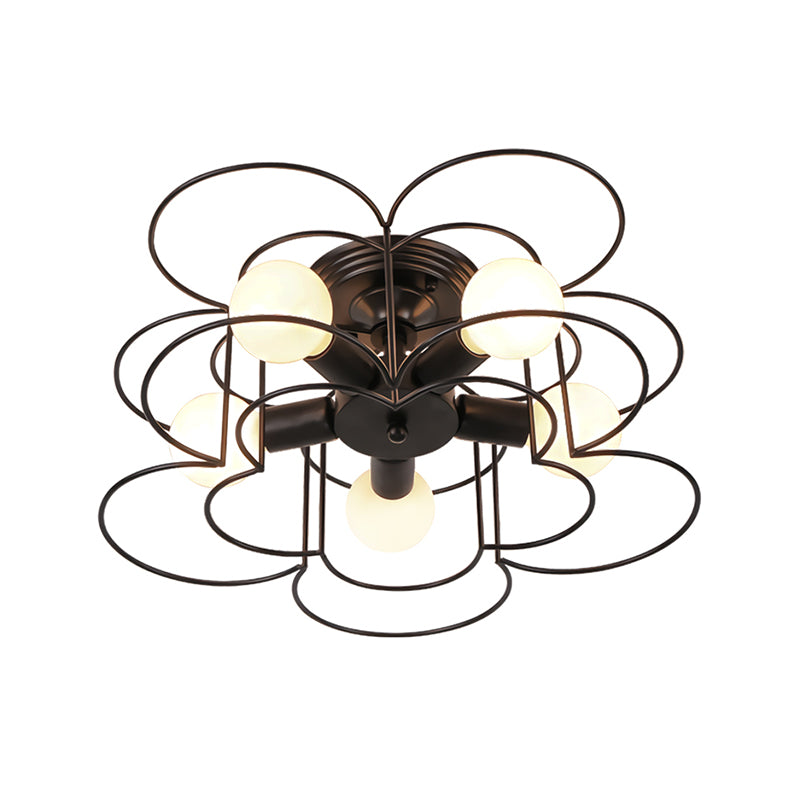 Black/White Iron Frame Semi Flush Mount Lighting Modern Metal 5 Lights Bedroom Ceiling Mount Chandelier Clearhalo 'Ceiling Lights' 'Close To Ceiling Lights' 'Close to ceiling' 'Semi-flushmount' Lighting' 150926