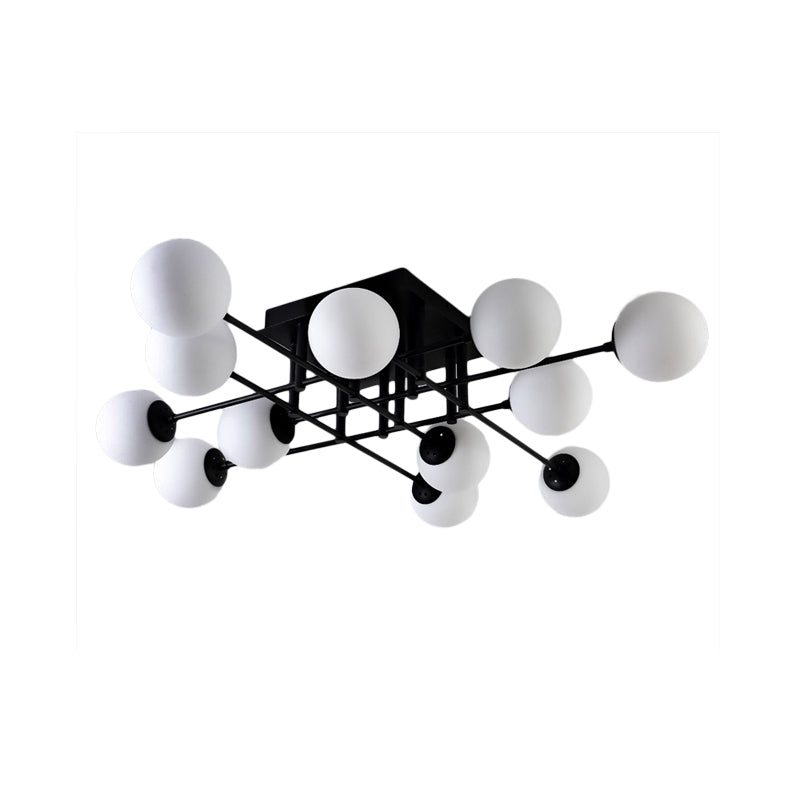 Metal Crossed Lines Semi Flush Ceiling Lighting Nordic 3/8/12 Heads Black Ceiling Flush Mount with Ball Glass Shade for Living Room Clearhalo 'Ceiling Lights' 'Close To Ceiling Lights' 'Close to ceiling' 'Semi-flushmount' Lighting' 151000