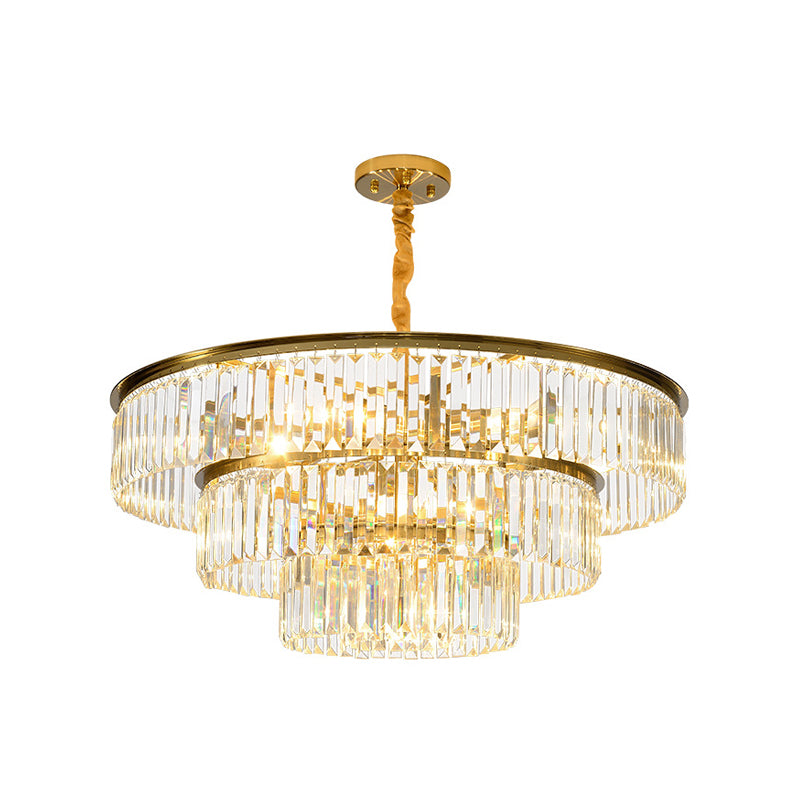 3-Tier Round Chandelier Light Fixture Contemporary Metal Pendant Lamp with Crystal Block in Gold Clearhalo 'Ceiling Lights' 'Chandeliers' 'Modern Chandeliers' 'Modern' Lighting' 151021