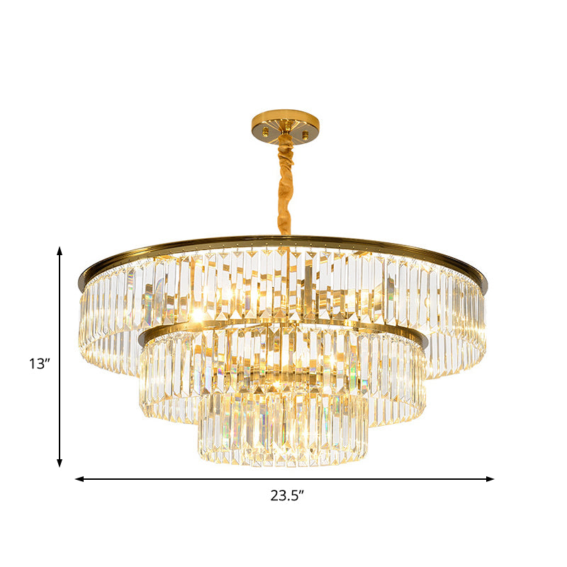 3-Tier Round Chandelier Light Fixture Contemporary Metal Pendant Lamp with Crystal Block in Gold Clearhalo 'Ceiling Lights' 'Chandeliers' 'Modern Chandeliers' 'Modern' Lighting' 151022