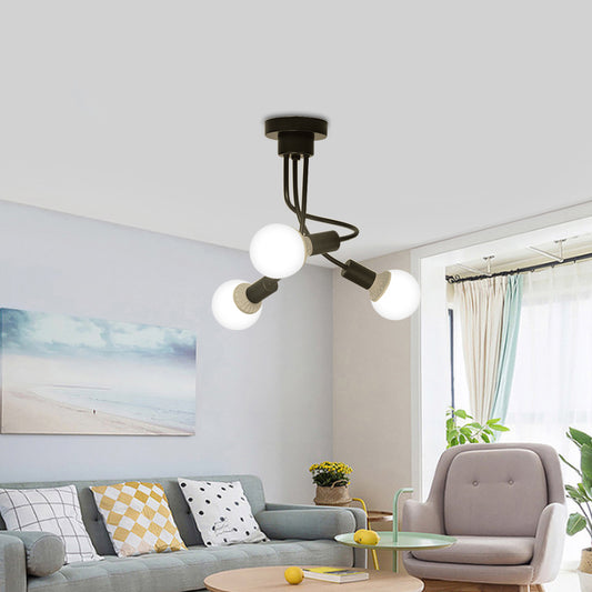 Black Curved Metal Arms Semi Ceiling Light Fixture Simple 3/5 Lights Black Ceiling Mount Chandelier for Dining Room 3 Black Clearhalo 'Ceiling Lights' 'Chandeliers' 'Close To Ceiling Lights' 'Glass shade' 'Glass' 'Modern Chandeliers' 'Modern' Lighting' 151030