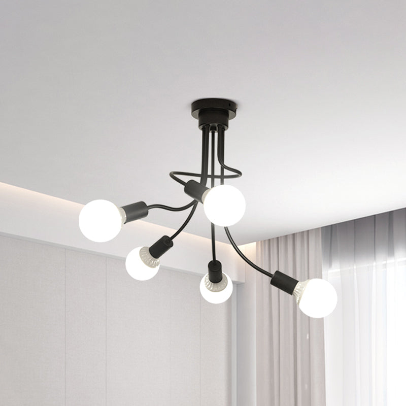 Black Curved Metal Arms Semi Ceiling Light Fixture Simple 3/5 Lights Black Ceiling Mount Chandelier for Dining Room 5 Black Clearhalo 'Ceiling Lights' 'Chandeliers' 'Close To Ceiling Lights' 'Glass shade' 'Glass' 'Modern Chandeliers' 'Modern' Lighting' 151034