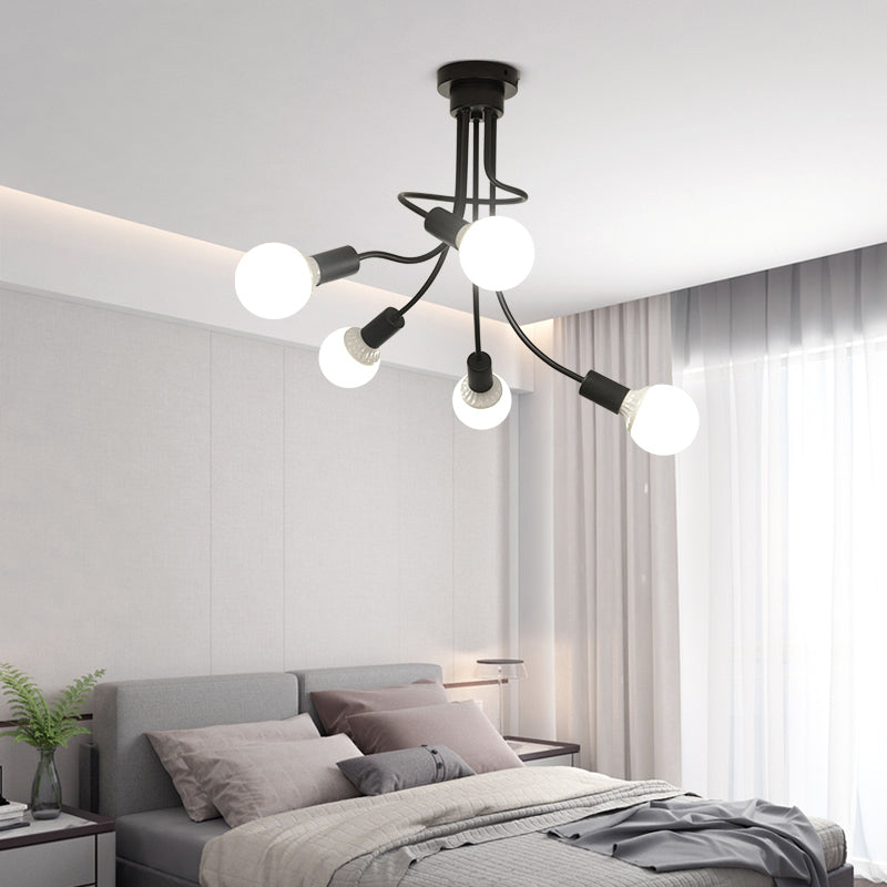 Black Curved Metal Arms Semi Ceiling Light Fixture Simple 3/5 Lights Black Ceiling Mount Chandelier for Dining Room Clearhalo 'Ceiling Lights' 'Chandeliers' 'Close To Ceiling Lights' 'Glass shade' 'Glass' 'Modern Chandeliers' 'Modern' Lighting' 151035