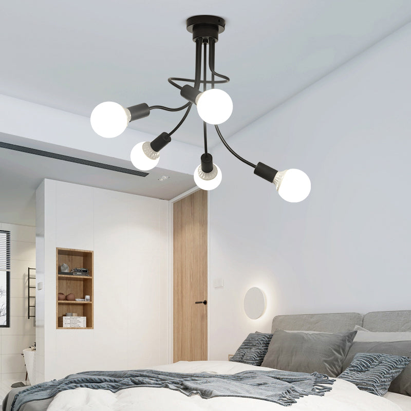 Black Curved Metal Arms Semi Ceiling Light Fixture Simple 3/5 Lights Black Ceiling Mount Chandelier for Dining Room Clearhalo 'Ceiling Lights' 'Chandeliers' 'Close To Ceiling Lights' 'Glass shade' 'Glass' 'Modern Chandeliers' 'Modern' Lighting' 151039