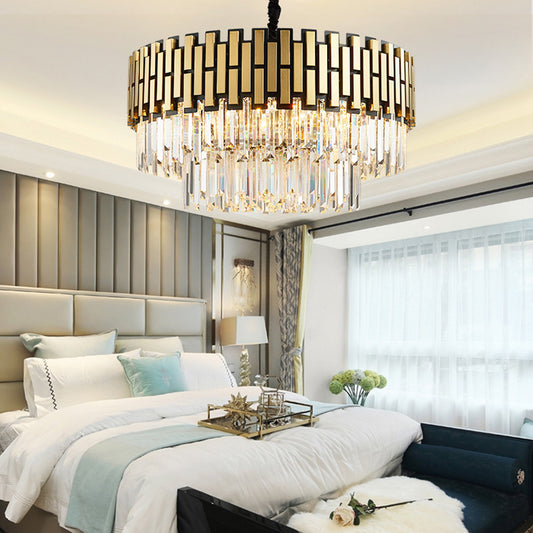 Golden Hanging Chandelier Light Contemporary Metal Multi Light Pendant Light with Round Shade and Faceted Crystal Gold Clearhalo 'Ceiling Lights' 'Chandeliers' 'Modern Chandeliers' 'Modern' Lighting' 151049