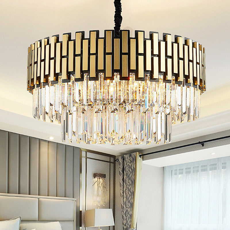 Golden Hanging Chandelier Light Contemporary Metal Multi Light Pendant Light with Round Shade and Faceted Crystal Clearhalo 'Ceiling Lights' 'Chandeliers' 'Modern Chandeliers' 'Modern' Lighting' 151050