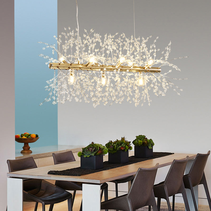 Crystal Flower Island Pendant Modern 9/12-Head Chrome/Gold Ceiling Lamp for Kitchen 9 Gold Clearhalo 'Ceiling Lights' 'Island Lights' Lighting' 151061