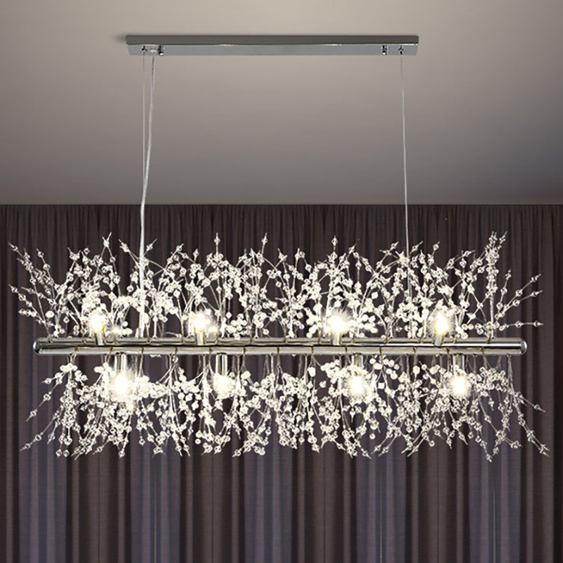 Crystal Flower Island Pendant Modern 9/12-Head Chrome/Gold Ceiling Lamp for Kitchen 12 Chrome Clearhalo 'Ceiling Lights' 'Island Lights' Lighting' 151064