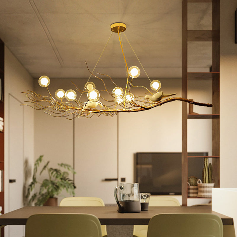 Gold Branch Pendant Light Modern 10-Light Clear Glass Island Lamp with Birds for Dining Room Clearhalo 'Ceiling Lights' 'Island Lights' Lighting' 151134