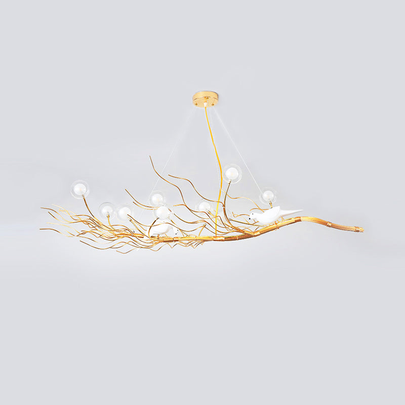 Gold Branch Pendant Light Modern 10-Light Clear Glass Island Lamp with Birds for Dining Room Clearhalo 'Ceiling Lights' 'Island Lights' Lighting' 151135