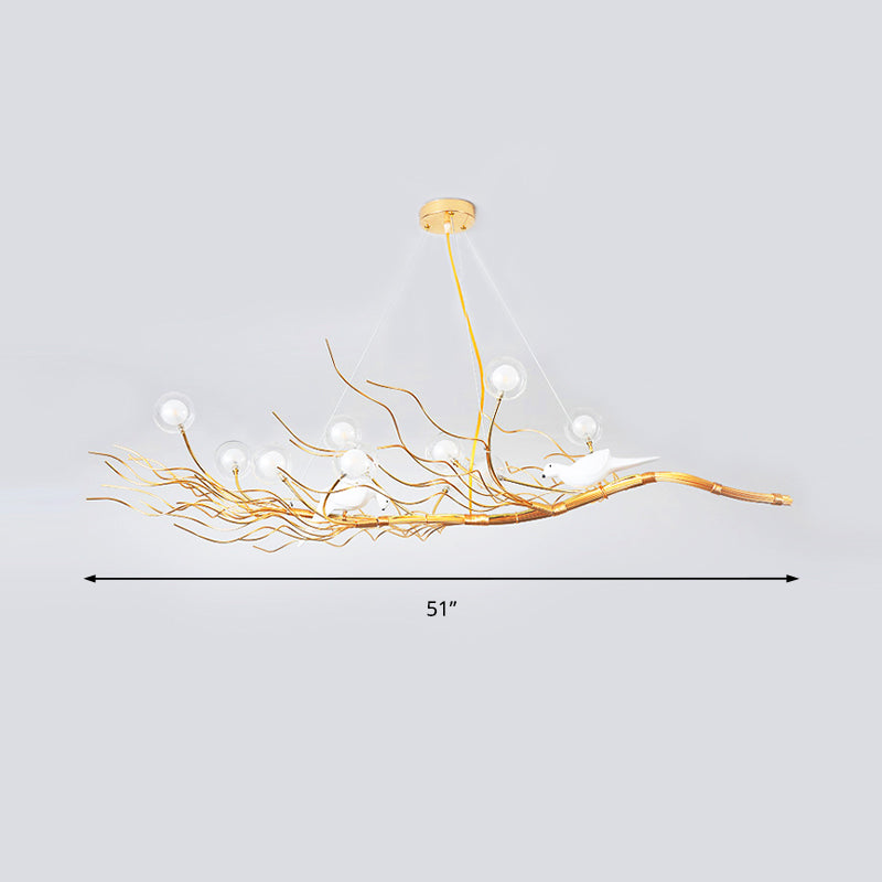 Gold Branch Pendant Light Modern 10-Light Clear Glass Island Lamp with Birds for Dining Room Clearhalo 'Ceiling Lights' 'Island Lights' Lighting' 151136