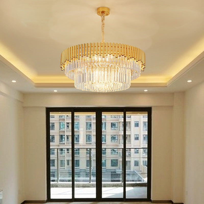 Contemporary Prism Block Chandelier Lamp Multi Light Crystal and Metal Chandelier Light in Brass Finish Brass 31.5" Clearhalo 'Ceiling Lights' 'Chandeliers' 'Modern Chandeliers' 'Modern' Lighting' 151148