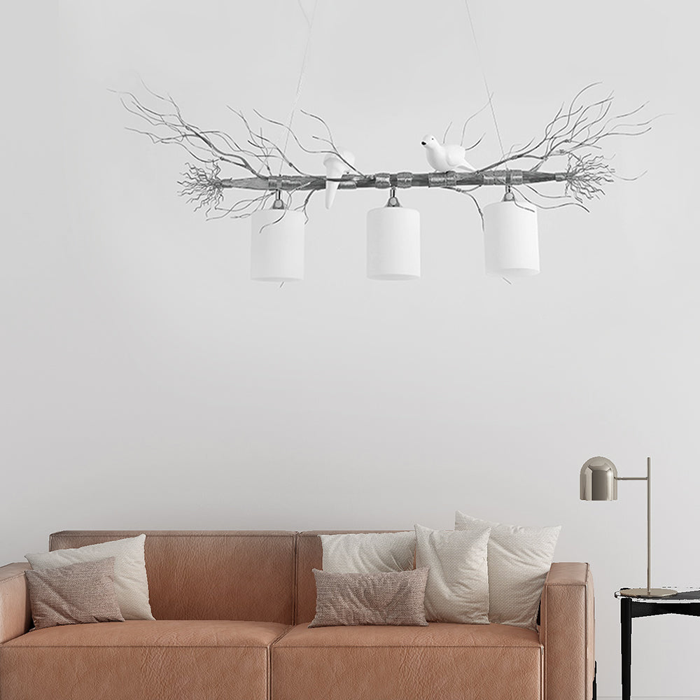 Cylinder Ceiling Island Pendant Modern 3-Head White Glass Hanging Light Fixture with Gold/Silver Branch Silver Clearhalo 'Ceiling Lights' 'Close To Ceiling Lights' 'Glass shade' 'Glass' 'Island Lights' Lighting' 151169