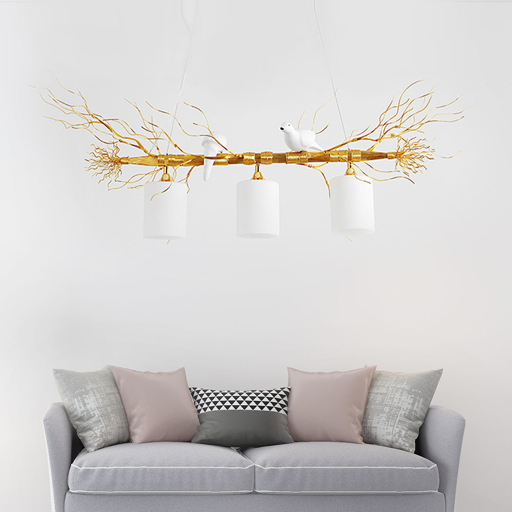 Cylinder Ceiling Island Pendant Modern 3-Head White Glass Hanging Light Fixture with Gold/Silver Branch Gold Clearhalo 'Ceiling Lights' 'Close To Ceiling Lights' 'Glass shade' 'Glass' 'Island Lights' Lighting' 151172