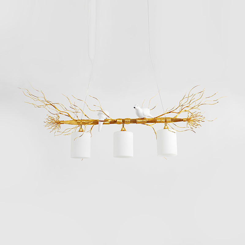 Cylinder Ceiling Island Pendant Modern 3-Head White Glass Hanging Light Fixture with Gold/Silver Branch Clearhalo 'Ceiling Lights' 'Close To Ceiling Lights' 'Glass shade' 'Glass' 'Island Lights' Lighting' 151174