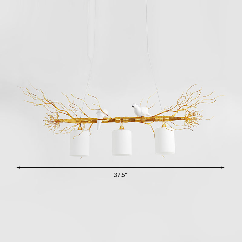 Cylinder Ceiling Island Pendant Modern 3-Head White Glass Hanging Light Fixture with Gold/Silver Branch Clearhalo 'Ceiling Lights' 'Close To Ceiling Lights' 'Glass shade' 'Glass' 'Island Lights' Lighting' 151175