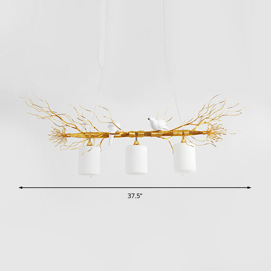 Cylinder Ceiling Island Pendant Modern 3-Head White Glass Hanging Light Fixture with Gold/Silver Branch Clearhalo 'Ceiling Lights' 'Close To Ceiling Lights' 'Glass shade' 'Glass' 'Island Lights' Lighting' 151175
