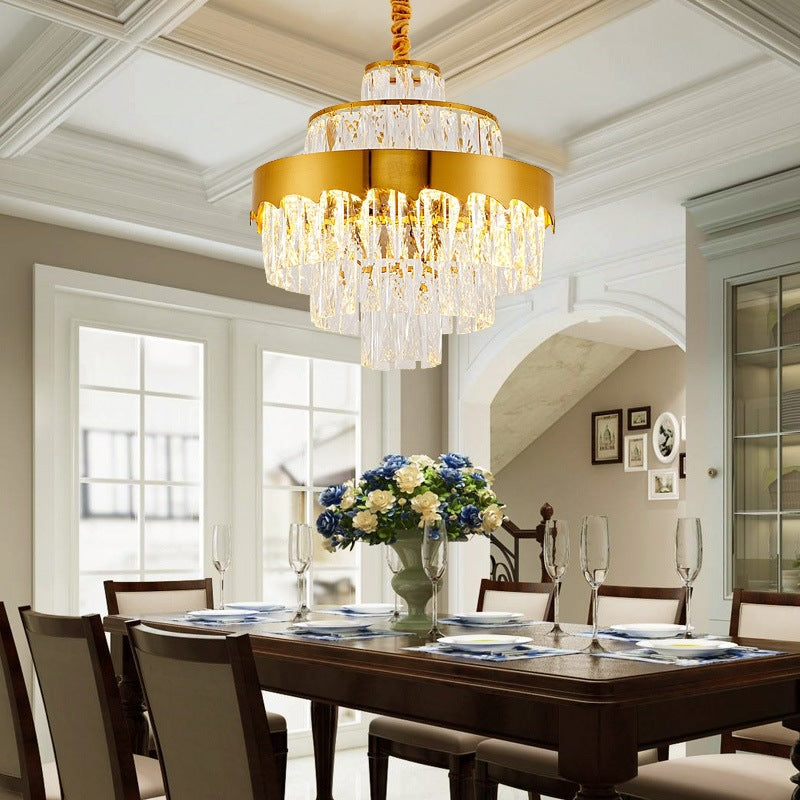 17"/23" W Layered Chandelier Light Fixture Dining Room Vintage Style Crystal and Metal Hanging Lamp in Gold Clearhalo 'Ceiling Lights' 'Chandeliers' 'Modern Chandeliers' 'Modern' Lighting' 151187