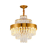 17"/23" W Layered Chandelier Light Fixture Dining Room Vintage Style Crystal and Metal Hanging Lamp in Gold Clearhalo 'Ceiling Lights' 'Chandeliers' 'Modern Chandeliers' 'Modern' Lighting' 151188