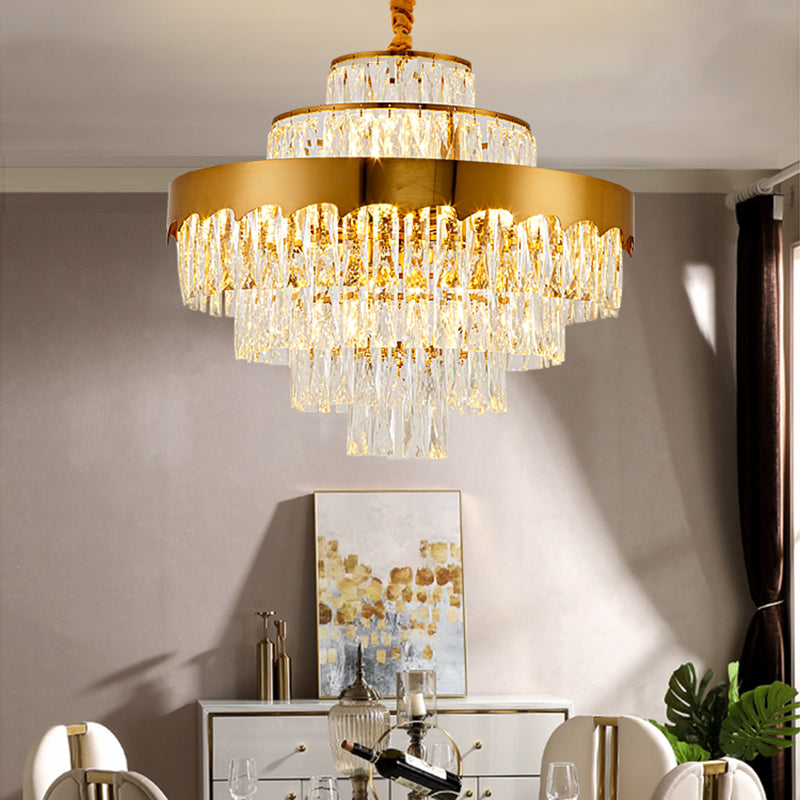 17"/23" W Layered Chandelier Light Fixture Dining Room Vintage Style Crystal and Metal Hanging Lamp in Gold Gold 23" Clearhalo 'Ceiling Lights' 'Chandeliers' 'Modern Chandeliers' 'Modern' Lighting' 151191